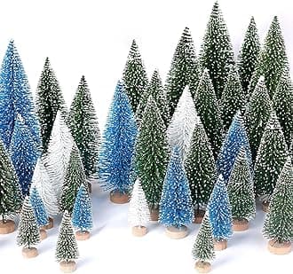 30Pcs Mini Christmas Trees Artificial Christmas Tree Bottle Brush Trees with Wooden Base for Christmas Decor Christmas Party Home Table Craft Decorations(Green+Blue+White)