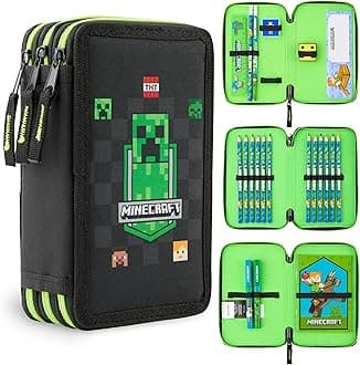Minecraft Pencil Case Kids Teens Filled with Gamer Stationery Set School Supplies Creeper Pen Case Multiple Compartments Drawing Writing Colouring Set (Black AOP)