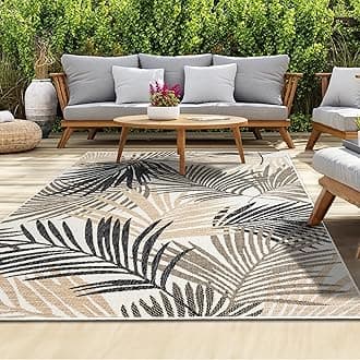 Outdoor Rug - Easy-Clean, Durable, Stain-Resistant, Weather & UV Resistant Indoor & Outdoor Rugs for Porch, Deck, Balcony, Garden, Picnic and Patio | Palm Black, Beige - 80x150cm