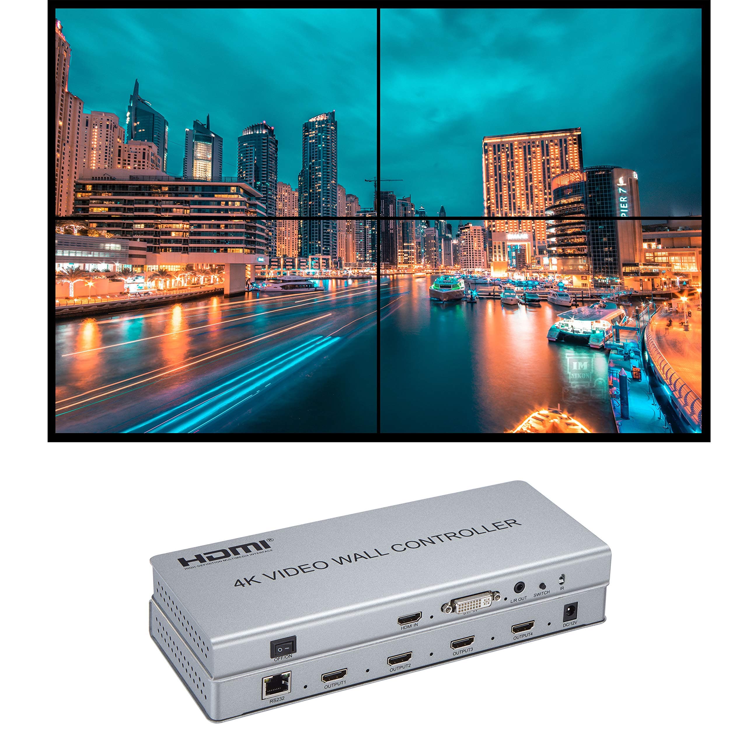 Video Wall Controller 2x2 4K 30Hz Processor HDMI 1.4 HDCP 1.4 Support 2x2,1x2,1x4 with 1 DVI or HDMI Input 4 HDMI Output