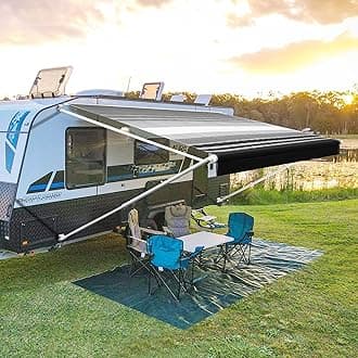 YESCAMP Manual RV Awning Complete Kit Retractable Camper Awning for RV or Trailers RV Roll Out Awning for Camper or 5th Wheel,Travel Trailers,Toy Haulers,Motohome(10Ft,White Frame,Black Stripe)