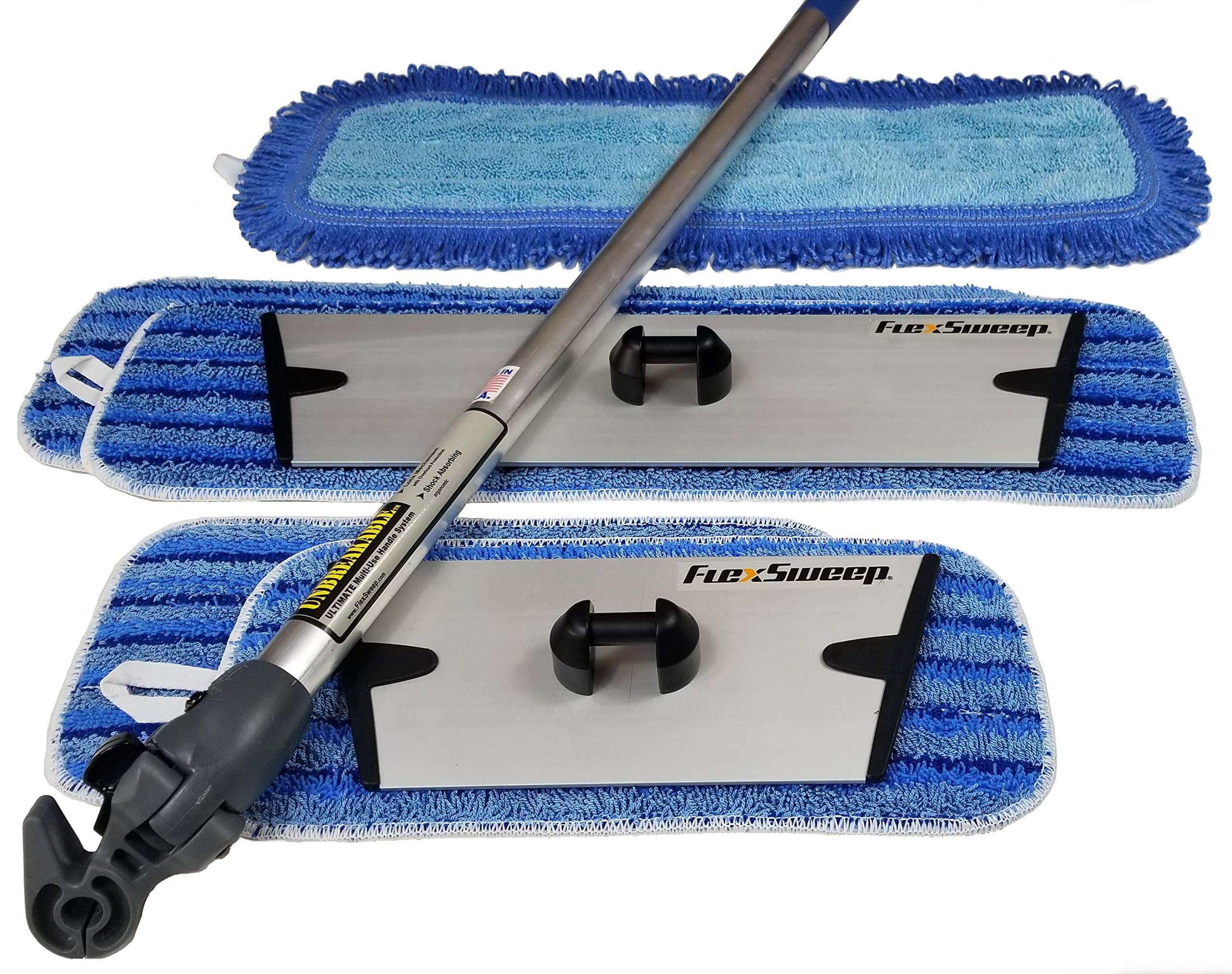 FlexSweep Patented Easy-Clean Microfiber Flat Mop System with Unbreakable Handle, Easy Snap-On 9 Inch and 18 Inch Frames, Microfiber Wet Scrub Pads, and Dry Dust Pads