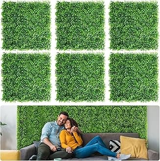 Aboofx Grass Wall Panels, 24 Pack 10x10in Artificial Boxwood Faux Green Wall with 100 Zip Ties for Interior Garden Party Wedding Backdrop Indoor Outdoor Plant Wall Decor
