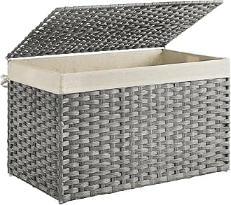 SONGMICS Storage Basket with Lid, Woven Blanket Storage Bin with Handles, Foldable, Removable Liner, Metal Frame, for Bedroom, Laundry Room, 42.3 Gallons (160 L), Gray URST76WG
