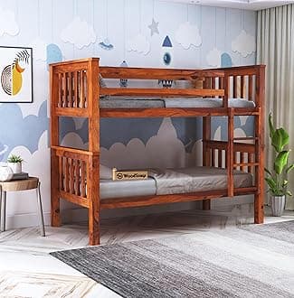 WOODSTAGE Sheesham Wood Single Size Bunk Bed with Ladder | Wooden Trundle Twin Over Bed Furniture for Bedroom Living Room Home (Honey Finish)