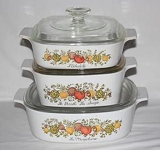 Set of 3 - Vintage 1970s Corning Ware" Spice O' Life" Glass 1 Quart, 1 1/2 Quart & 2 Liter Skillet Casserole Baking Dishes w/Lids