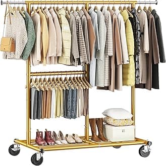 RaybeeGold Clothing Rack Heavy Duty Clothes Rack with Wheels Rolling Clothing Racks for Hanging Clothes for Walk-in Closet, Bedroom, Laundry Room,Commercial,17.7" D x 69.1" W x 71.9" H, Gold
