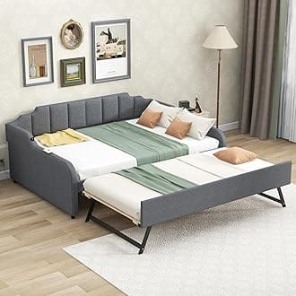 Daybed with Trundle and USB Charging Design, Full Size Upholstery Day Bed Frame, Trundle can be Flat or erected,Grey