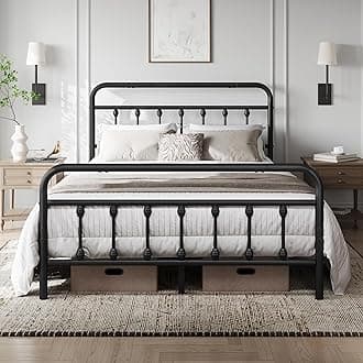 Vintage Iron Platform Bed with High Headboard