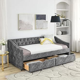 HomSof Twin Size Daybed with Drawers Upholstered Tufted Sofa Bed with Button on Back and Copper Nail on Waved Shape Arms, Grey