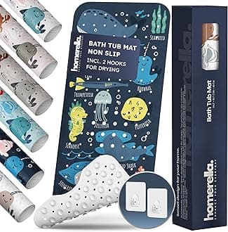 Homerella Non-Slip Bathtub Mat | 40 x 16 Inch | Rectangular Rubber Mat | Navy Underwater Abc | Machine Washable | Suction Cups & Hooks for Hanging
