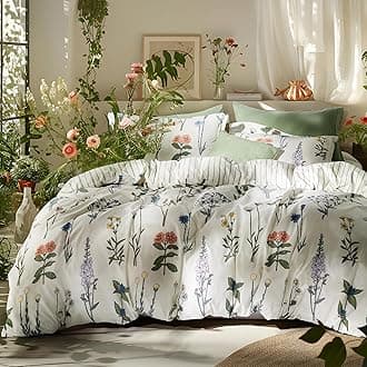 Comforter Set Full Size - Cute Floral Bedding Comforter Set, 3 Pieces, 1 Soft Reversible Coconut White Botanical Flowers Comforter and Pillow Shams