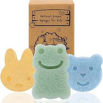 myHomeBody Konjac Baby Sponge for Bathing, Cute Shapes Natural Kids Bath loofah for Infants, Toddler, Newborns, Safe Plant-Based, 3pc. Set: Rabbit, Frog, Bear face