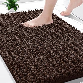 Bathroom Rugs Non Slip Washable - Ultra Soft Absorbent Chenille Bath Mat, Quick Dry Shaggy Floor Carpet for Tub Shower, Brown Home Decor Accessories, 24x17 Inch