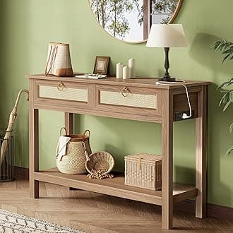 Rattan Console Sofa Table with Outlets and USB-C Port, 2 Drawer Entryway Table with Synthetic Rattan Surface, 39 Inch, Open Shelf, Behind Couch Entry Foyer Hallway Storage, Brown