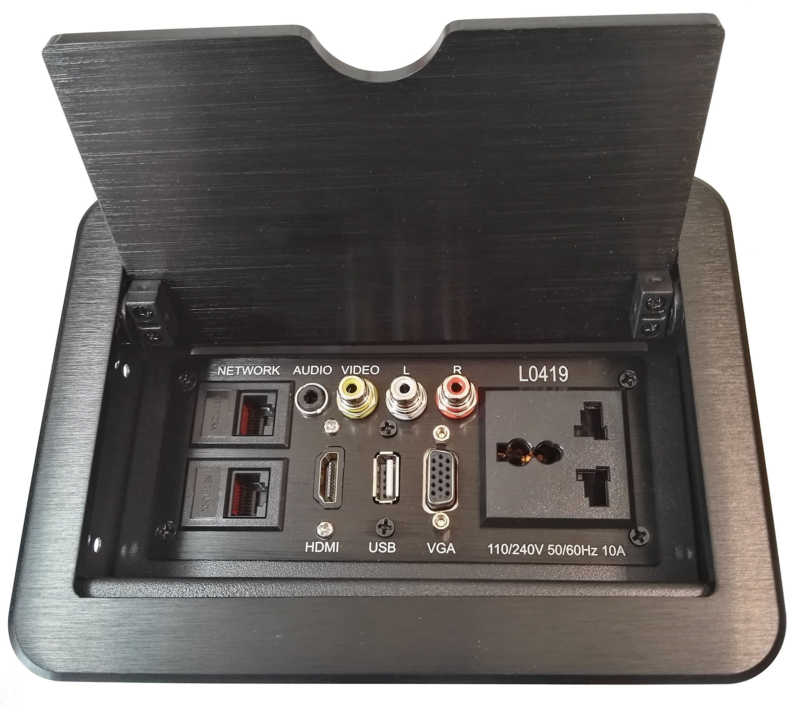 Multimedia Clamshell Desktop Socket Multifunctional Office Hidden Desktop Power Box Multi Outlet with HDMI/VGA/AV/Audio / USB2.0 / Network/Universal Power Socket