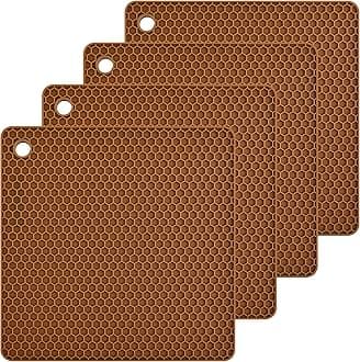 Smithcraft Silicone Trivets Square Silicone Rubber Pot Holder Trivet Mat for Hot Pan and Pot Hot Pads Counter Mat Heat Resistant Tablemat or Placemats 4 Pack, Size:7.5x7.5 Inch, Color: Brown