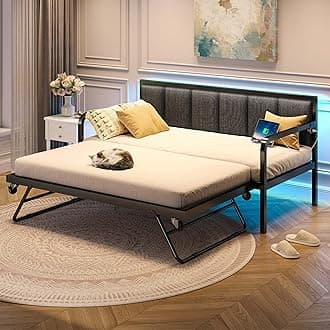RolanstarDaybed with USB Charging Station and LED, Height Adjustable Twin Daybed with Trundle, Grey Upholstered Bed Frame with Steel Slat Support for Living Room, Bedroom and Guest Room