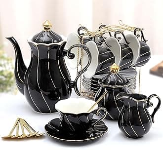 DUJUST 22 pcs Porcelain Tea Set for 6, Luxury British Style Tea/Coffee Cup Set with Golden Trim, Beautiful Tea Set for Women, Tea Party Set, Gift Package (Including a Stand) - Black