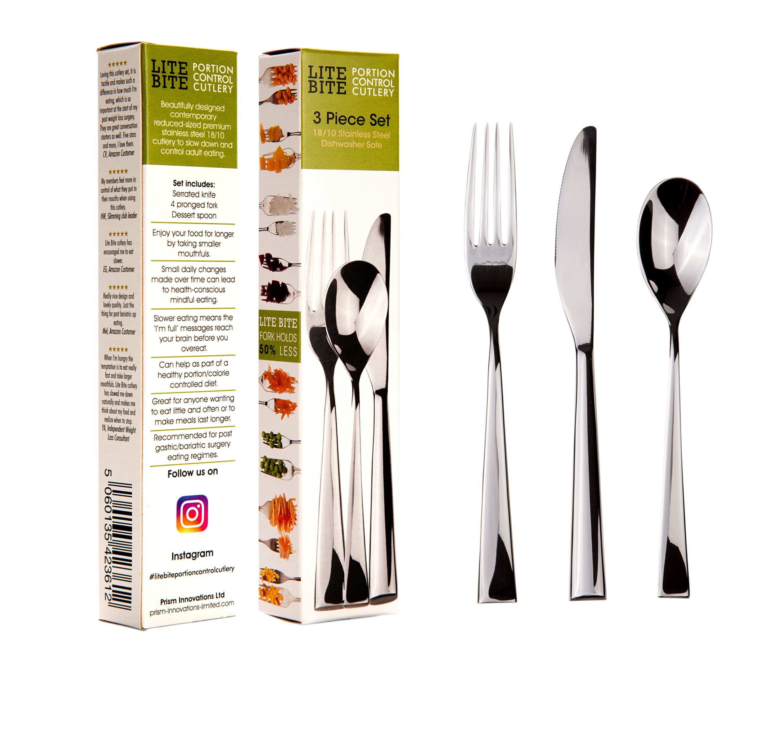 Lite Bite Portion Control Cutlery (3 Pc Set) 18/10 Stainless Steel. Training Aid for Slower Eating