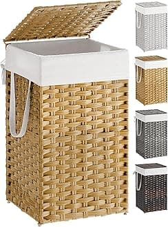 SONGMICS Laundry Hamper with Lid, 17.2 Gallon (65 L) Synthetic Rattan Clothes Laundry Basket with Lid and Handles, Foldable, Removable Liner, Goose Yellow ULCB165N01