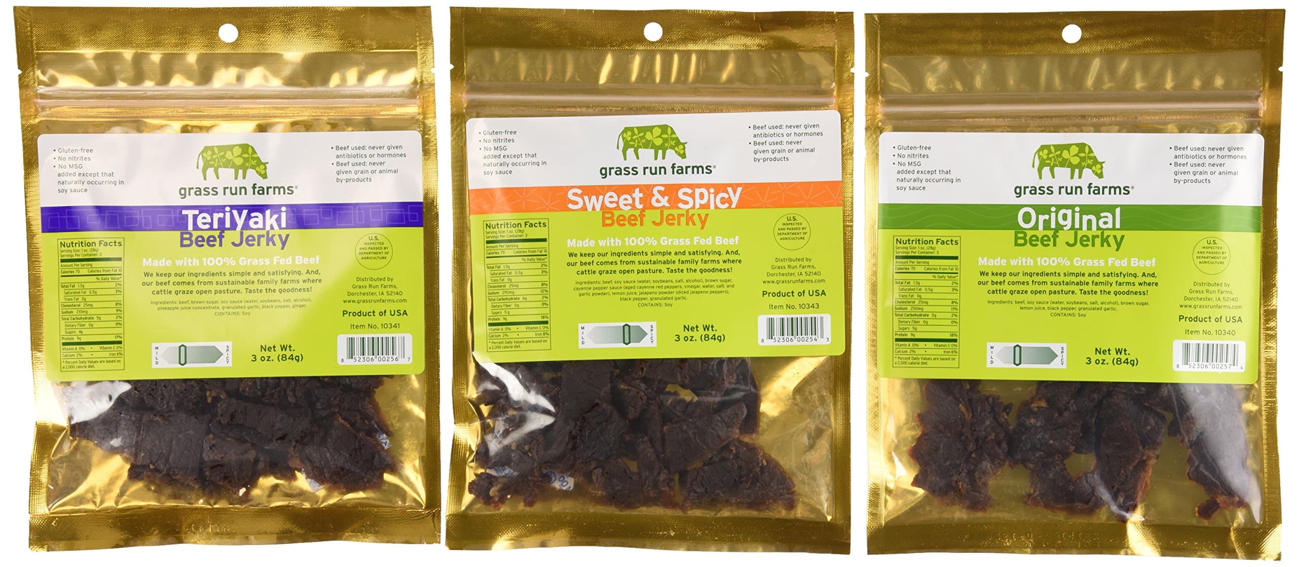 Beef Jerky: 100% Grass-Fed (Sample Pack, 6-Count: 2 Original, 2 Sweet & Spicy, 2 Teriyaki, 3-oz Pkgs) - Gluten-Free - No Antibiotics or Hormones