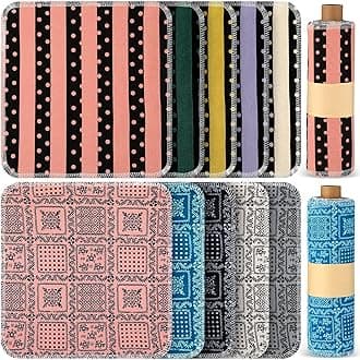 Redbaker 50 Pcs Reusable Paper Towels Paperless Reusable Cotton Cloths Toilet Absorbent Washable Paper Towels with Roll Kitchen Dishcloth for Kitchen Paperless Dishcloths(Floral, Dot, Stripe)