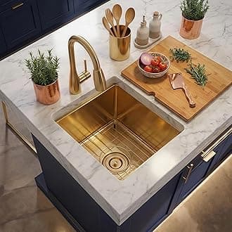 LQS Gold Wet Bar Sink, 15" x 17" Compact Gold Undermount Kitchen Sink and Deep Kitchen Sink, 16 Gauge Stainless Steel Kitchen Sink with Brushed Finish for Island Kitchen, Outdoor, Prep Use, 10" Deep