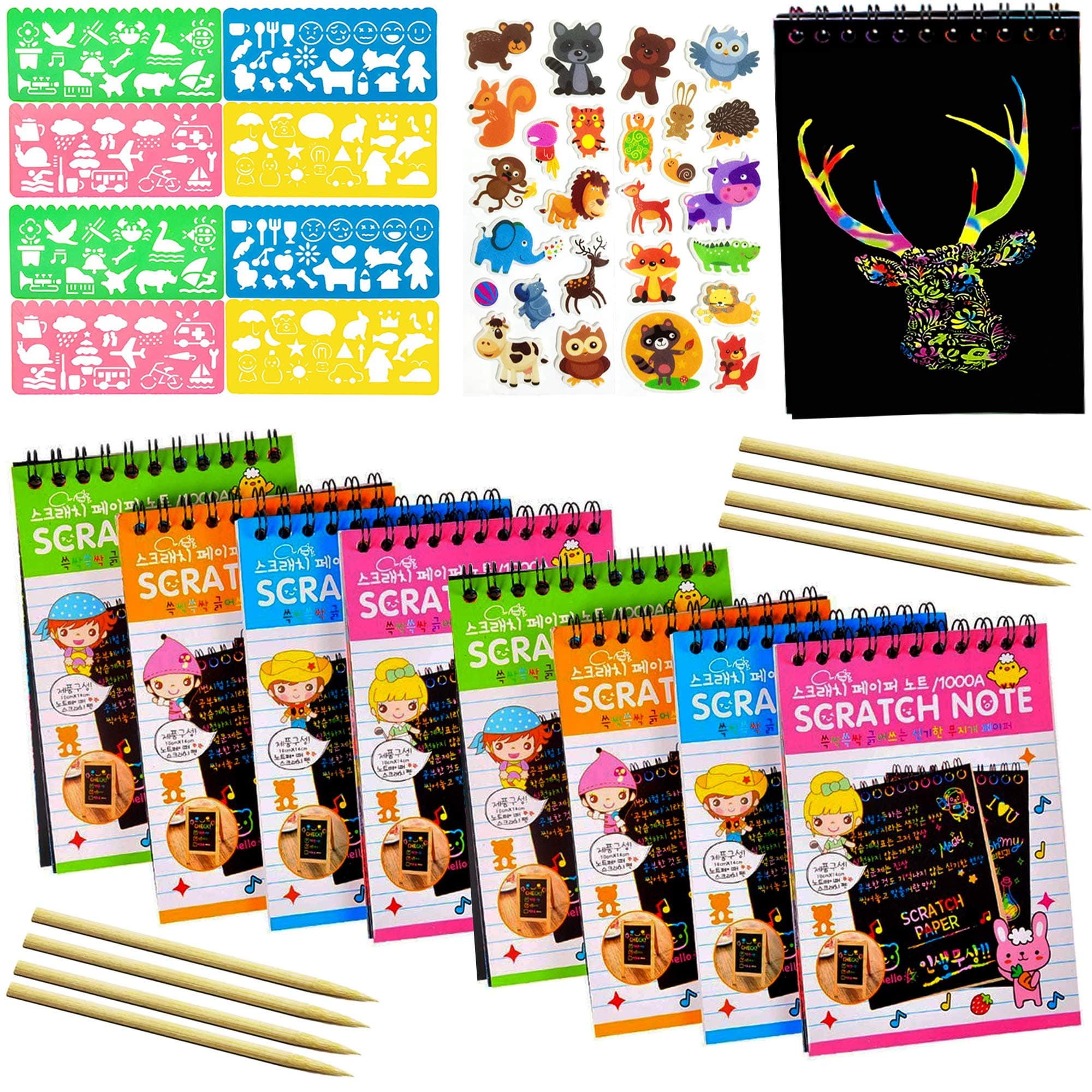 8-Pack Rainbow Scratch Art Notes; Scratch Art Rainbow Mini Notes; Rainbow Scratch Paper with 8 Colorful Notebooks, 8 Wooden Styluses, 8 Drawing Stencils and Animal Stickers