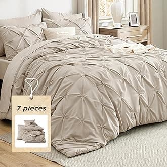 Bedsure Queen Comforter Set Beige - Bed in a Bag Queen Size Bedding 7 Pieces, GentleSoft™ Pintuck Bed Set Gift for Family, Pinch Pleat All Season Comforter with Sheets, Pillowcases & Shams