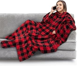 Fleece Blanket with Sleeves and Foot Pockets for Adult Women, Men | Wearable Fleece Throw Wrap, Warm, Cozy, Extra Soft for Sofa Couch Lounging Gaming (Checkered Red)