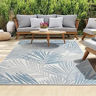 homeart Outdoor Rug - Easy-Clean, Durable, Stain-Resistant, Weather & UV Resistant Indoor & Outdoor Rugs for Porch, Deck, Balcony, Garden, Picnic and Patio | Palm Blue, Grey - 120x170cm