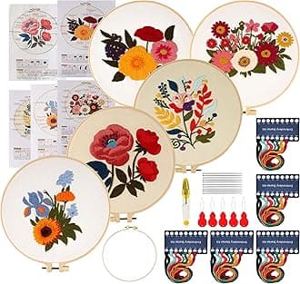 Maydear 5 Packs Embroidery Starter Kit with Pattern, Stamped Cross Stitch Kits for Beginners Adults with Embroidery Hoop and Instructions, Hand Embroidery Kit (Florals)