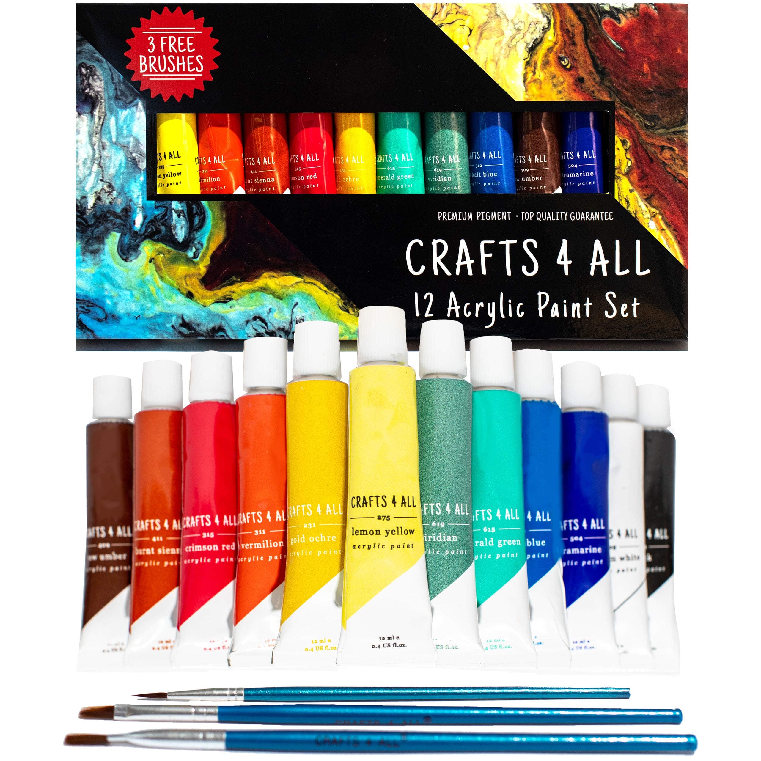 Acrylic Paint Set - Art Paints for Canvas, Model Painting, Wood, Ceramics and Fabric - Craft Supplies with 3 Artist Brushes for Adults & Kids﻿, 12 Pack, 12mL