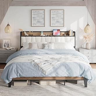 - California King Bed Frames, Storage Headboard with Charging Station, Solid and Stable, Noise Free, No Box Spring Needed, Easy Assembly, Wood and Cream