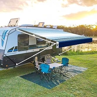 YESCAMP Manual RV Awning Complete Kit Retractable Camper Awning for RV or Trailers RV Roll Out Awning for Camper or 5th Wheel,Travel Trailers,Toy Haulers,Motohome(15Ft,White Frame,Blue Stripe)