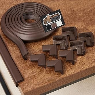 GORILLA GRIP Baby Proof Corners and Edges for Furniture, Kid Proofing Adhesive Table Corner Protectors, Heavy Duty Soft Rubber Foam Protection, Includes 8 Protective Safety Guards, 15 Feet, Brown
