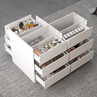 Hitow Display Cabinet Island with Glass Top, Walk in Closet Organizer with 9 Drawers and Cushioned Shoe Bench, Shop Display Case, Walk in Wardrobe Furniture, Living Room Storage, White