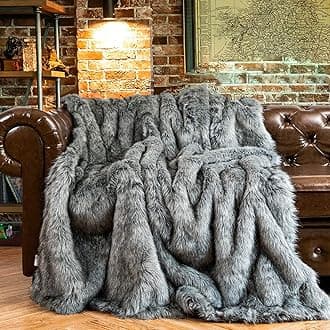 Grey Faux Fur Throw Blanket Warm Elegant Cozy Fox Fur Throw Blankets for Couch,Sofa Fluffy Blankets Thick Warm Decorative Blanket Reversible to Plush Velvet, 50"x60"