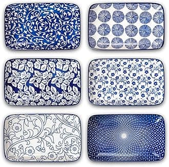 Selamica Ceramic 8 inch Rectangular Salad Plates, Dinner Plates, Pasta Dessert Plates for Appetizer, Sushi, Fruit - Microwave/oven/Dishwasher Safe, Set of 6, Vintage Blue