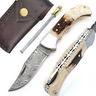 Damascus Pocket Knife for Men - 133 Layer Solid Steel Handmade Folding Hunting Knives with Sharpner and Leather Pouch - Best Knife for Camping Hunting Hiking - Father’s Day Gifts for Men Husband Dad