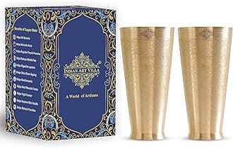 INDIAN ART VILLA Set of 2 Brass Lassi Glass with Embossed Design, Drinkware & Serveware for Lassi, Milk, and Water, Height-5" Inches, Volume-550 ml