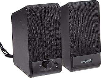 - Amazon Basics USB-Powered Computer Speakers with Volume Control for Desktop or Laptop PC, Compact Size, Headphone Jack, Portable, Plug-N-Play, Black