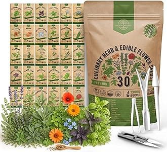 Organo Republic 30 Culinary Herbs & Edible Flower Seed Variety Pack- Indoor/Outdoor. 14000+ Non-GMO Heirloom Flower Seeds: Basil, Borage, Echinacea, Lavender, Oregano, Rosemary Seeds & More