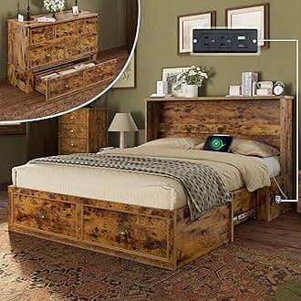 AMERLIFE Queen Size Murphy Bed, Farmhouse Wooden Cabinet with Charging Station and Storage Drawer for Bedroom/Office/Guest Room, Rustic Brown