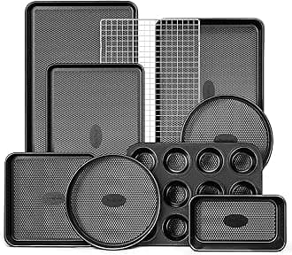 9-Piece Baking Pans Set Nonstick, Stackable Non Toxic Bakeware Sets with Diamond Texture, Oven Pan Set for Cooking, Includes Cookie Sheet with Rack, Cake Pan, Roasting Pan, Muffin Tin, Gray