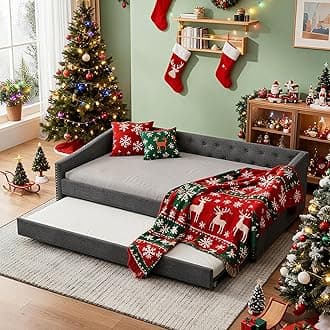 Full Size Upholstered Daybed with Trundle,Tufted Sofa Bed w/Button on Back and Piping on Waved Shape Arms for Bedroom Guest Room, No Box Spring Needed,Dark Grey