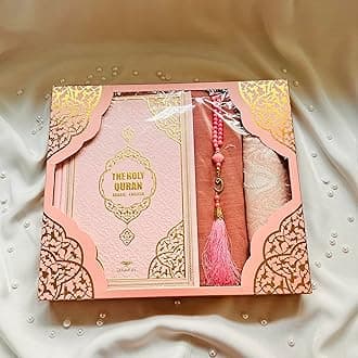 English Translate Thermo Leather Covered Quran, Tafta Prayer Mat, Pearl Breads, Woman Turban and Luxury Gift Box 5 Pieces Set, Great Ramadan Gifts for Muslim Men and Women Gift (Pink,Sets)