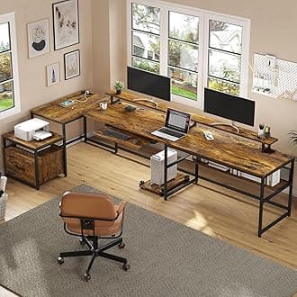 SEDETA U Shaped Desk, Reversible L Shaped Home Office Desk with File Drawer & Power Outlet, 101.5'' Computer Two Person Desk with Monitor Shelf, Keyboard Tray, Gaming Desk, Rustic Brown