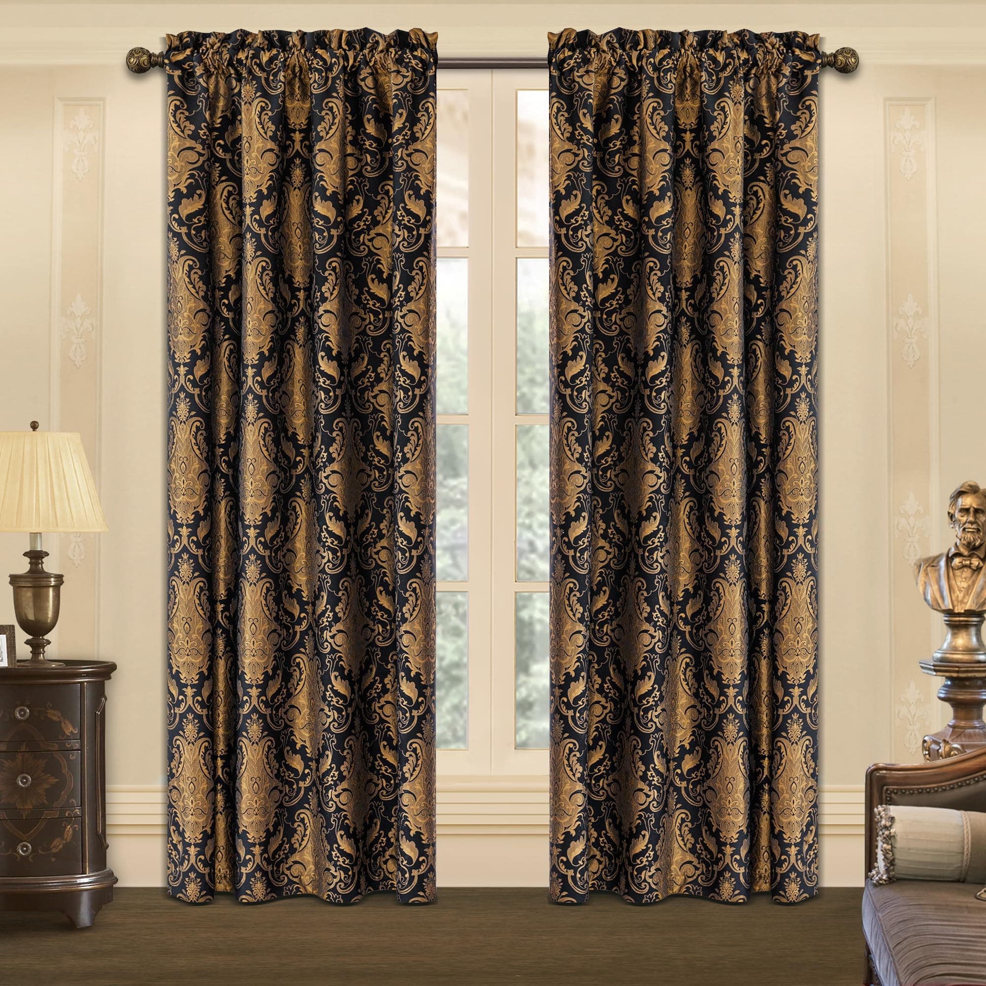 Damask Curtains for Windows, Blackout Curtains 132x213cm for Bedroom Living Room Kitchen, 2 Panels with Tiebacks, Rod Pocket (Black)